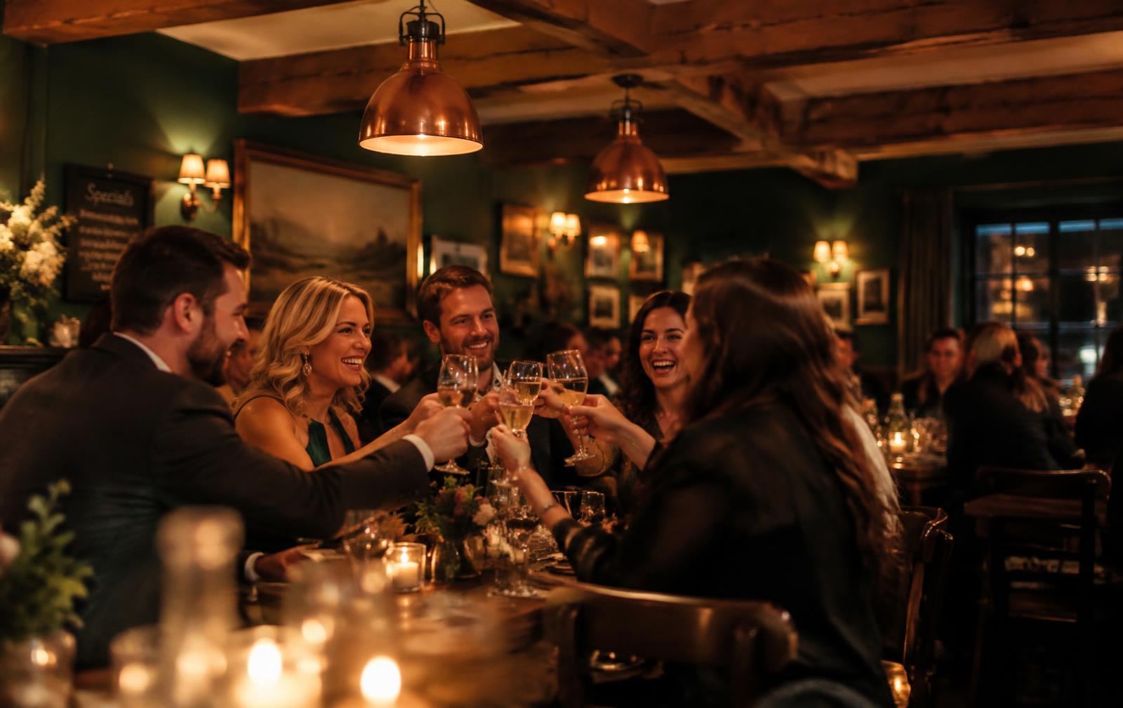 Guests toasting inside the pub